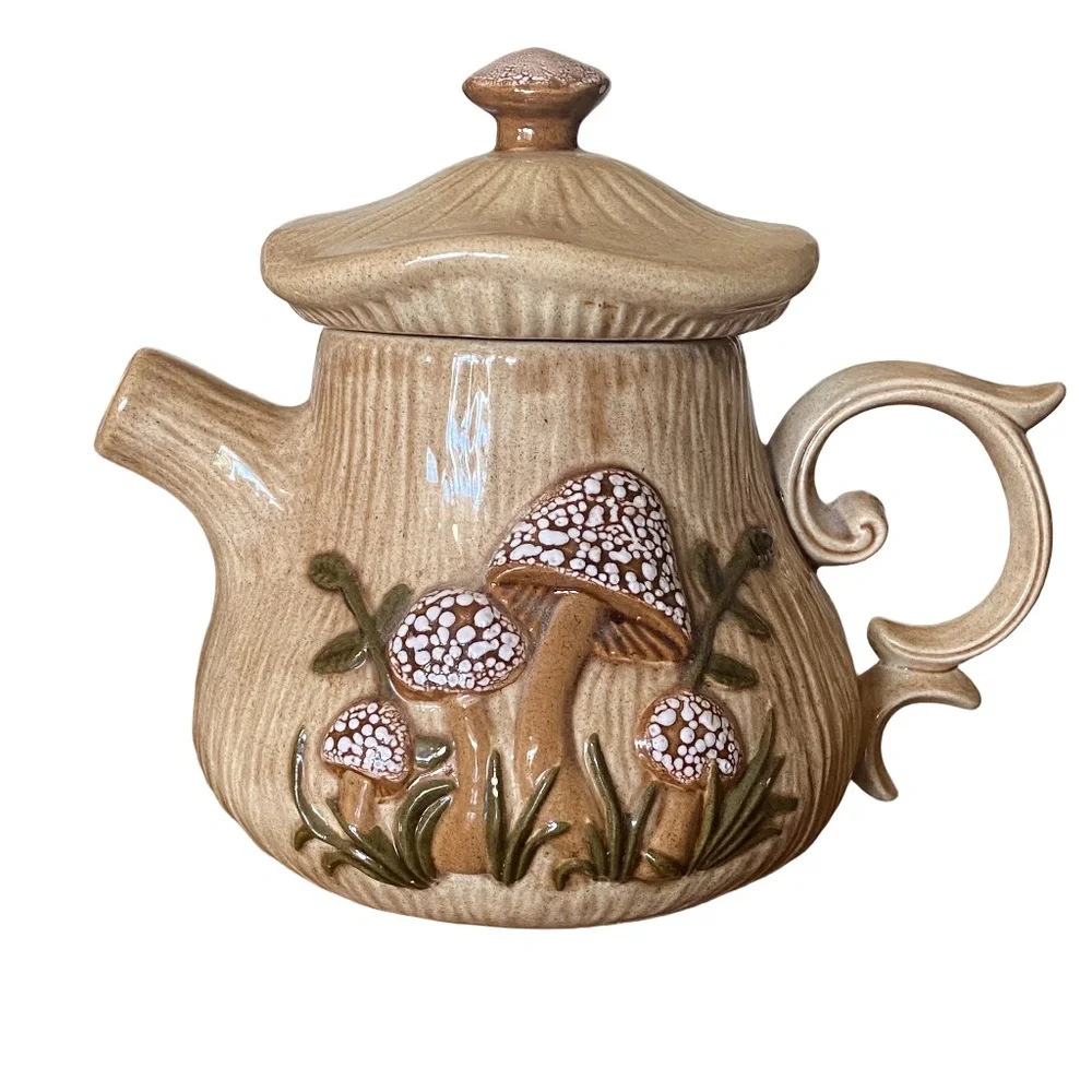 Arnel’s Beige Ceramic Mushroom Teapot Pitcher Set‎ 70s Cottagecore 2pc